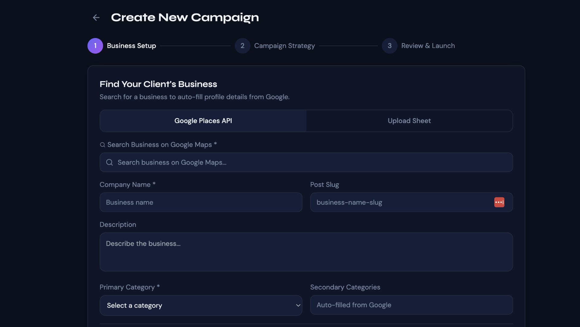 Business setup form